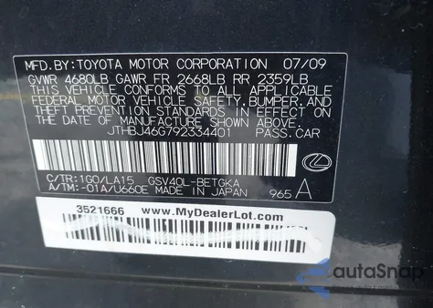 2009 Lexus Es 350 z USA, uszkodzony, nr VIN JTHBJ46G792334401